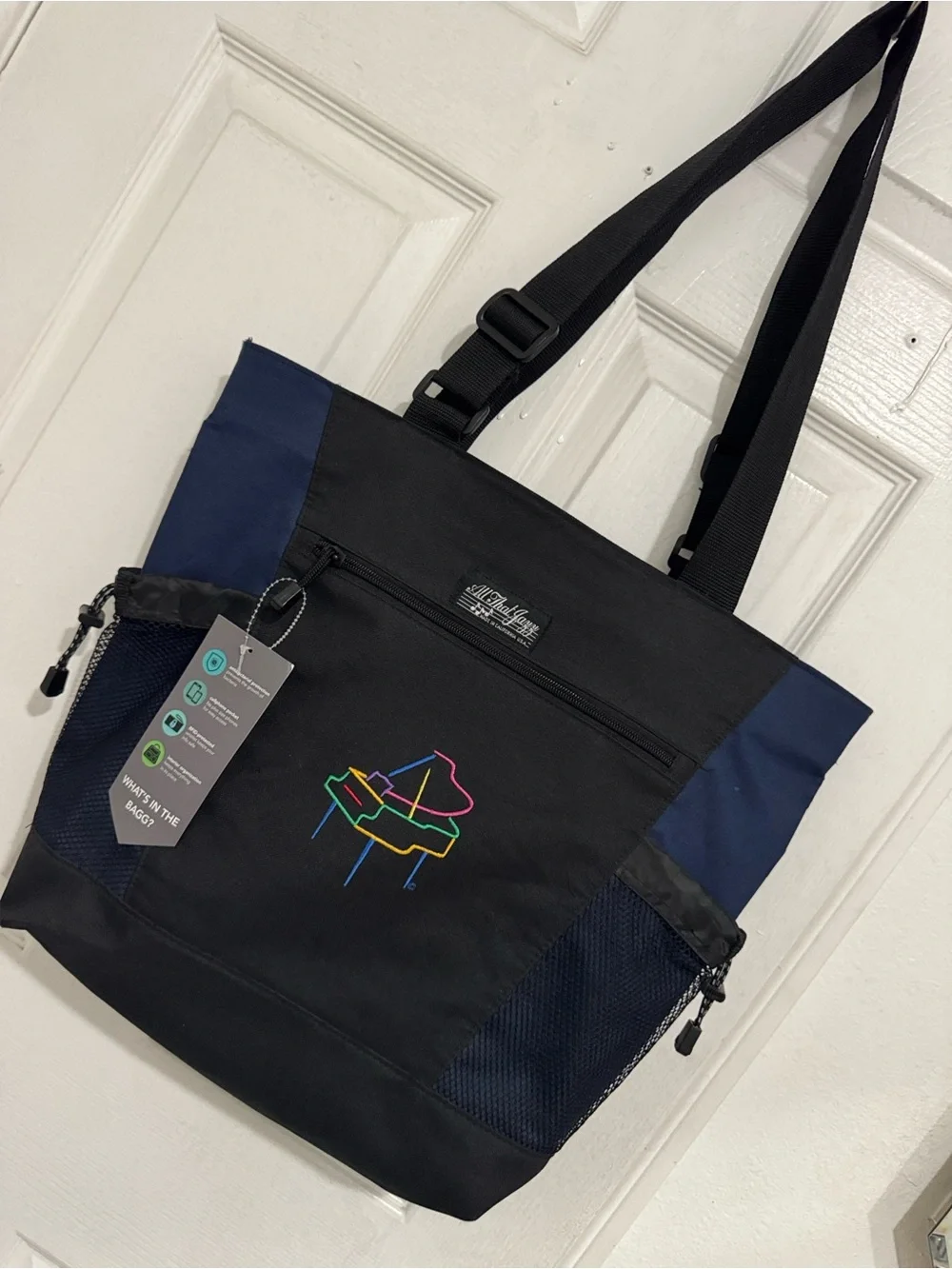 Vintage Men’s Black and Navy Tote Bag with Piano Graphic 17inx14in Brand New